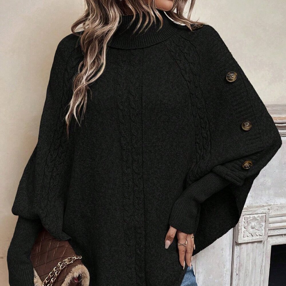 Black Casual Women's Turtleneck Batwing Sleeve Button Detail Poncho Sweater top
